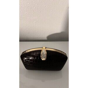 Vintage Croc Embossed Clutch Purse Gold Frame Rhinestone Chain Evening Bag